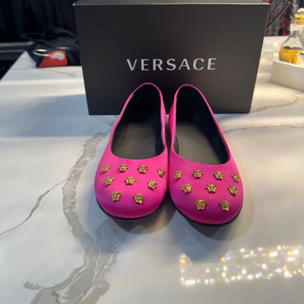 Versace Pink and Gold Flats with Medusa Embellishments